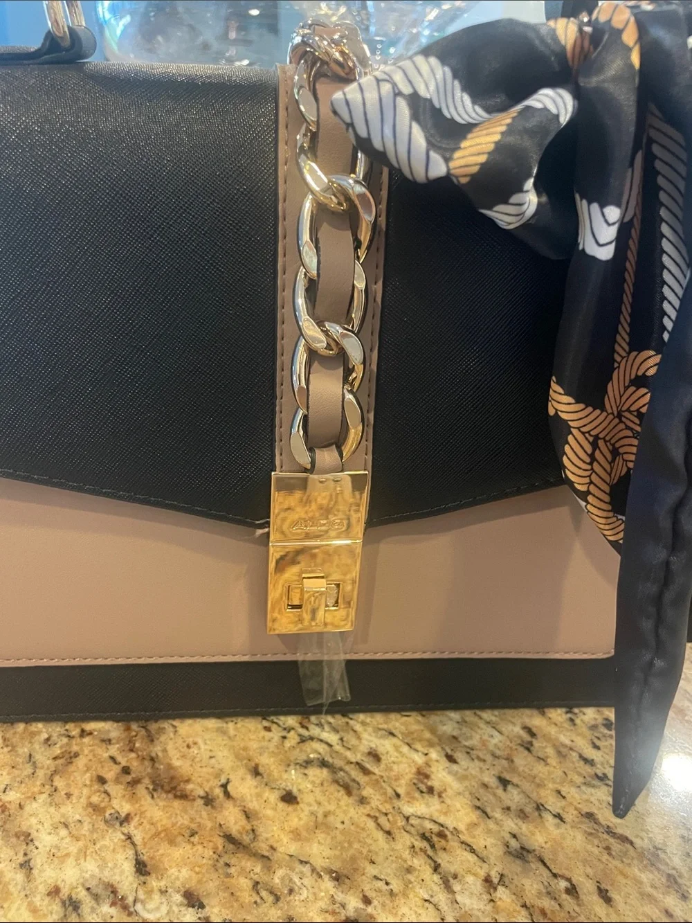 Aldo Black and Tan Top-Handle Satchel with Decorative Scarf
